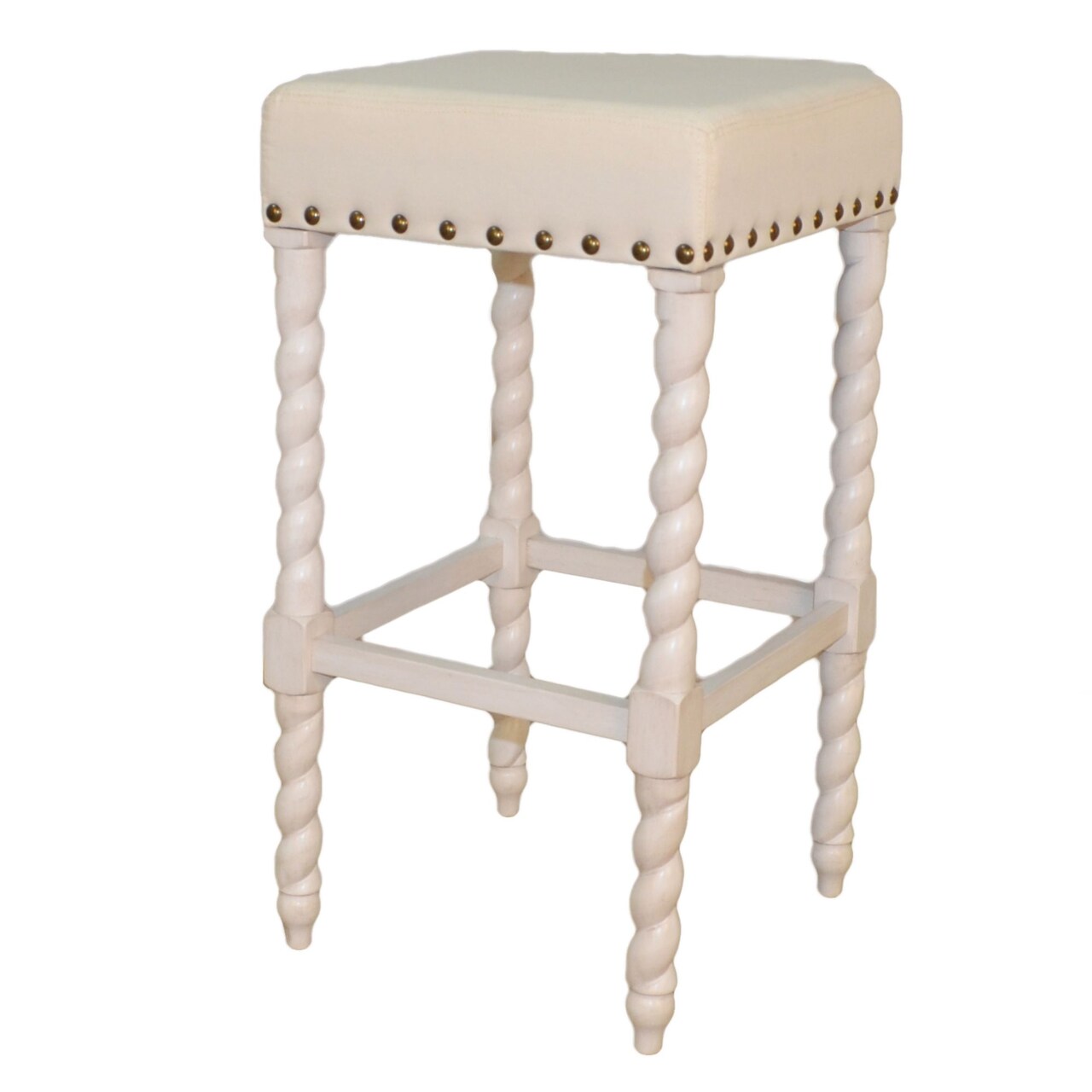 Contemporary Home Living 30" White and Ivory Nailhead Trimmed Bar Stool with Barley Twist Legs